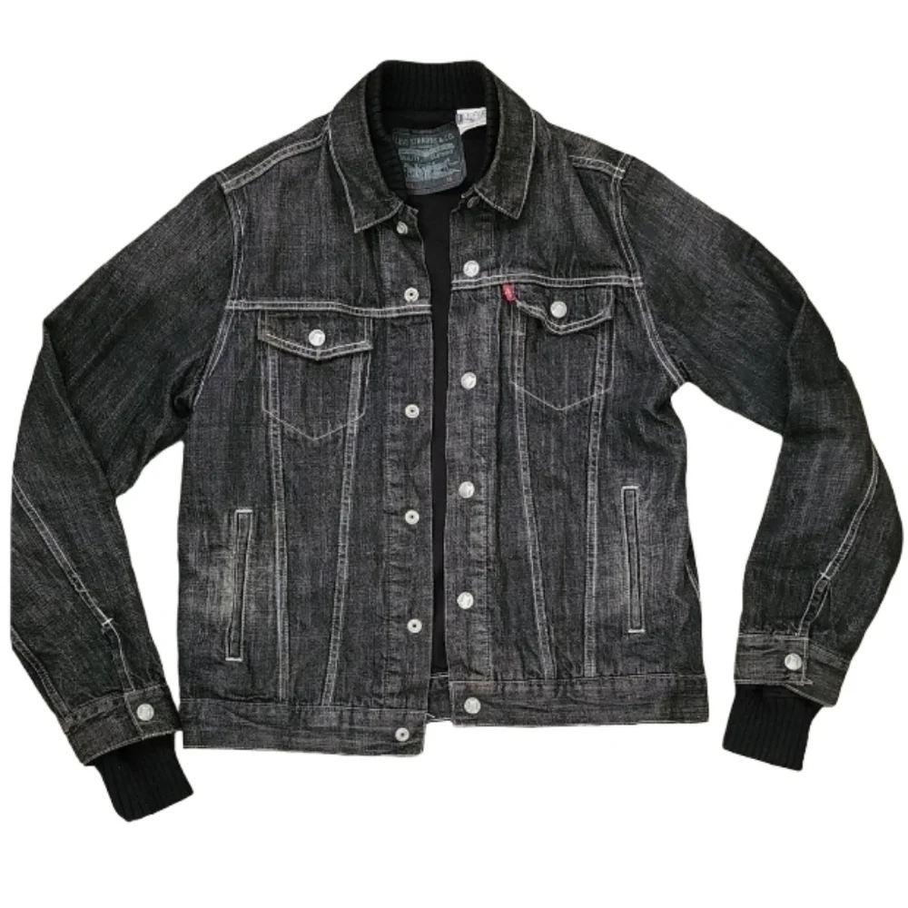 Levi's 57531 Black Denim Trucker Jacket Youth XL Knit Collar‎ & Cuffs Lined